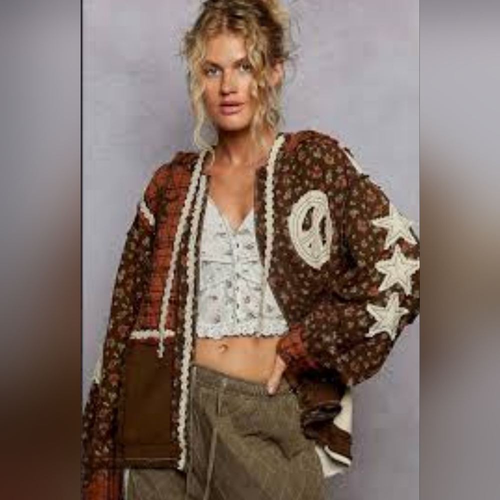 Brown Patchwork Jacket with Star Accents - image 1